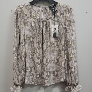 Sincerely Jules NWT Taupe, Brown and Gold Shimmer Ruffled Puff Sleeve Blouse